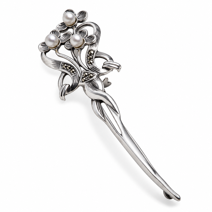 Sterling Silver Marcasite Flower Brooch with Three White Pearls – 3.5 Inch Floral Pin