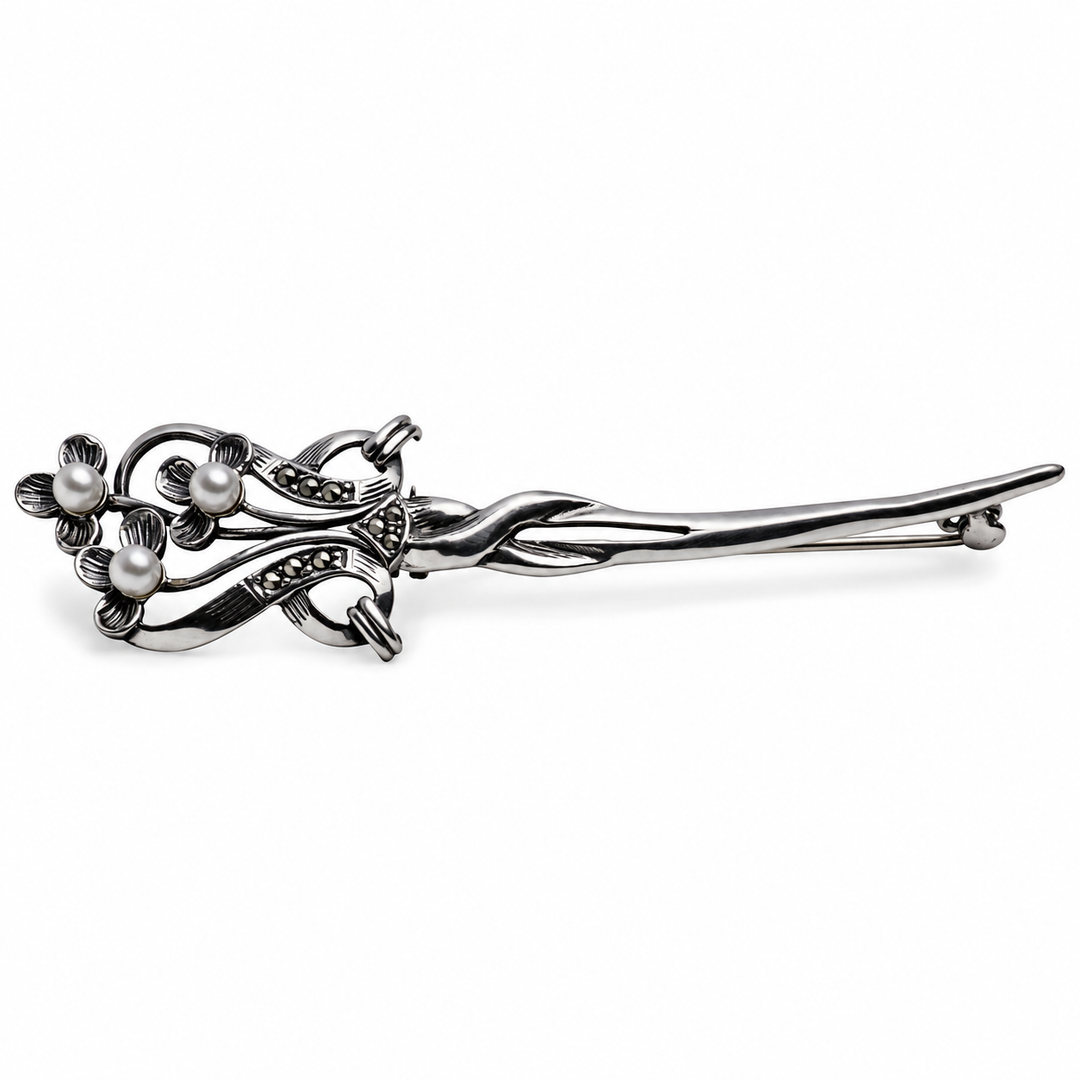 Sterling Silver Marcasite Flower Brooch with Three White Pearls – 3.5 Inch Floral Pin