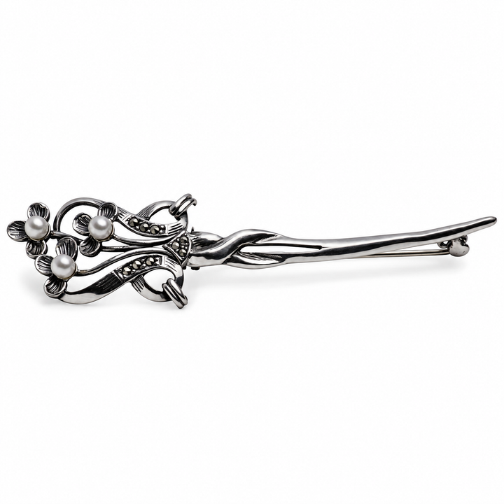 Sterling Silver Marcasite Flower Brooch with Three White Pearls – 3.5 Inch Floral Pin