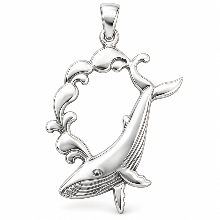 Sterling Silver Humpback Whale Pendant with Ocean Waves – 1.4 Inch Nautical Jewelry
