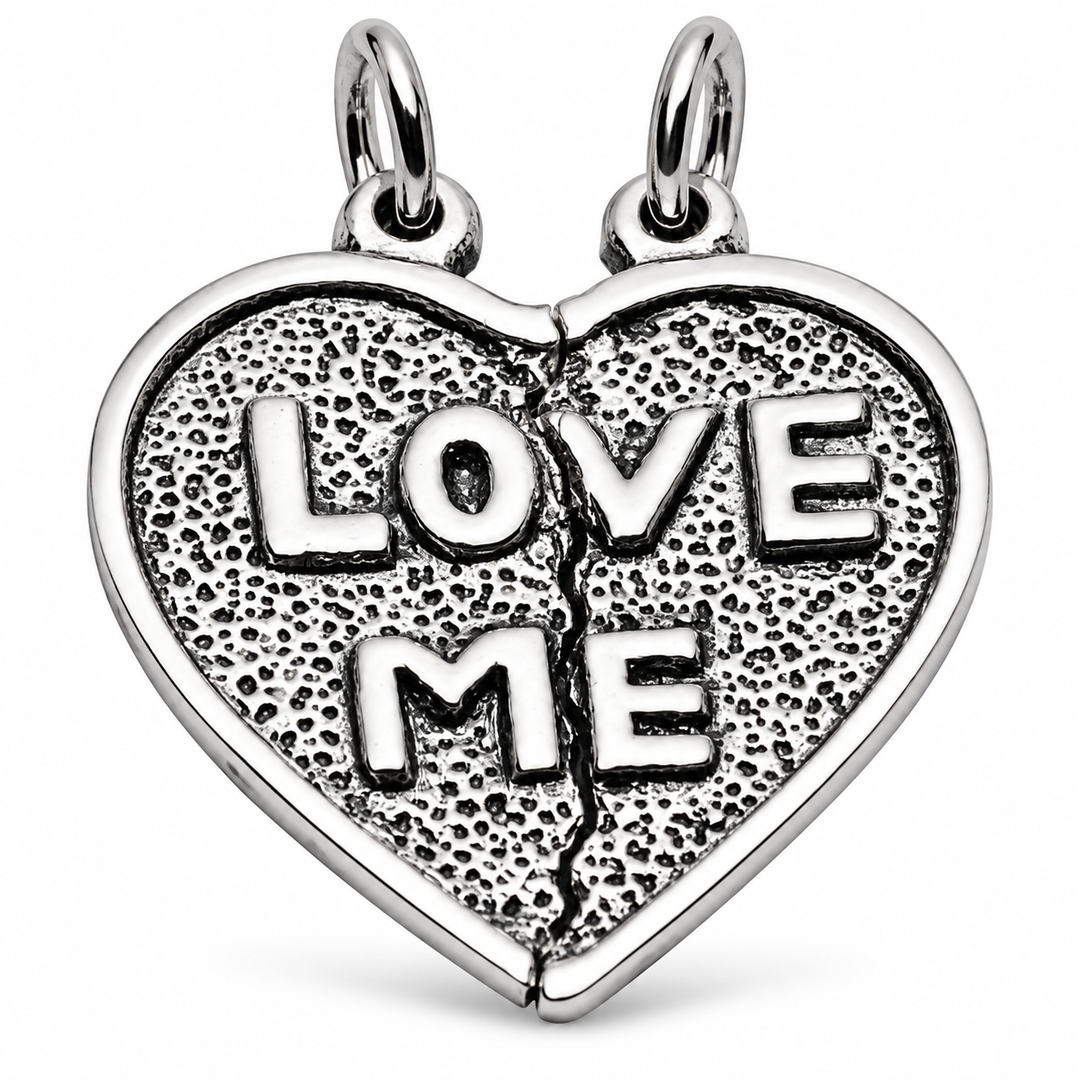 Sterling Silver “Love Me” Break-Apart Heart Pendant for Two – 1 Inch