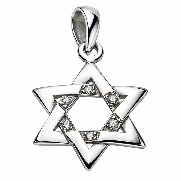 Sterling Silver Star of David Pendant with Clear Accents – 1.25 Inch