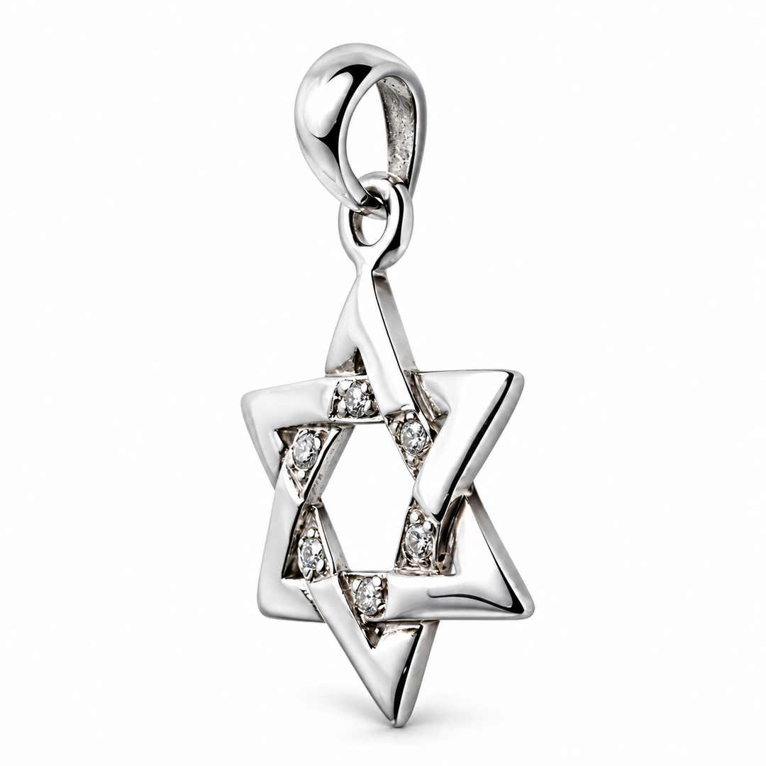 Sterling Silver Star of David Pendant with Clear Accents – 1.25 Inch