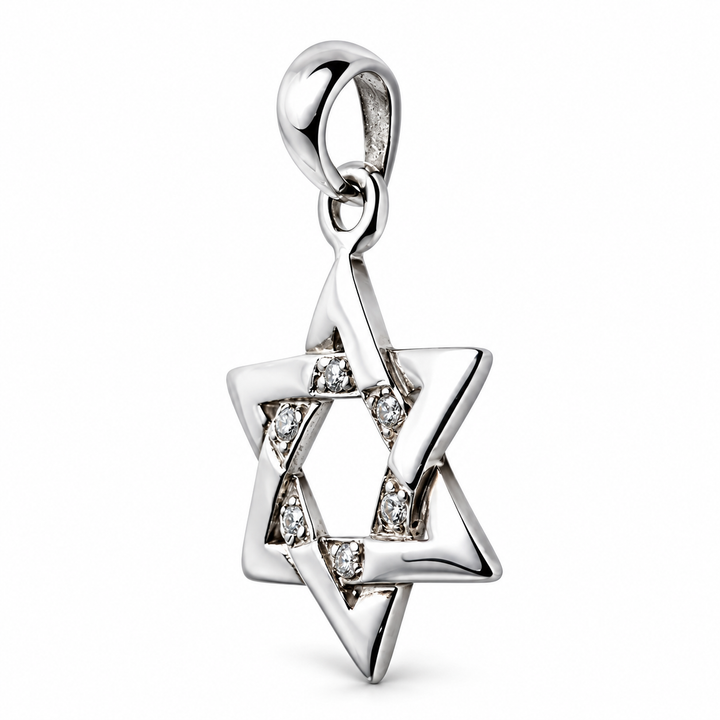 Sterling Silver Star of David Pendant with Clear Accents – 1.25 Inch