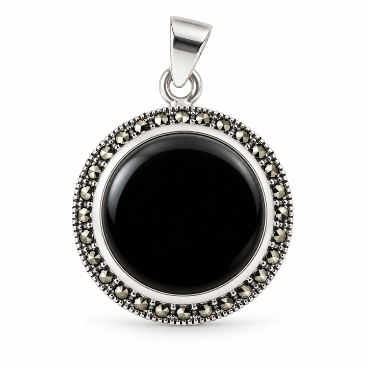 Sterling Silver Black Onyx and Marcasite Round Pendant – 1 Inch with Bail
