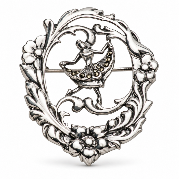 Sterling Silver Marcasite Dancing Lady Brooch in Floral Frame – 1.9 Inch Pin