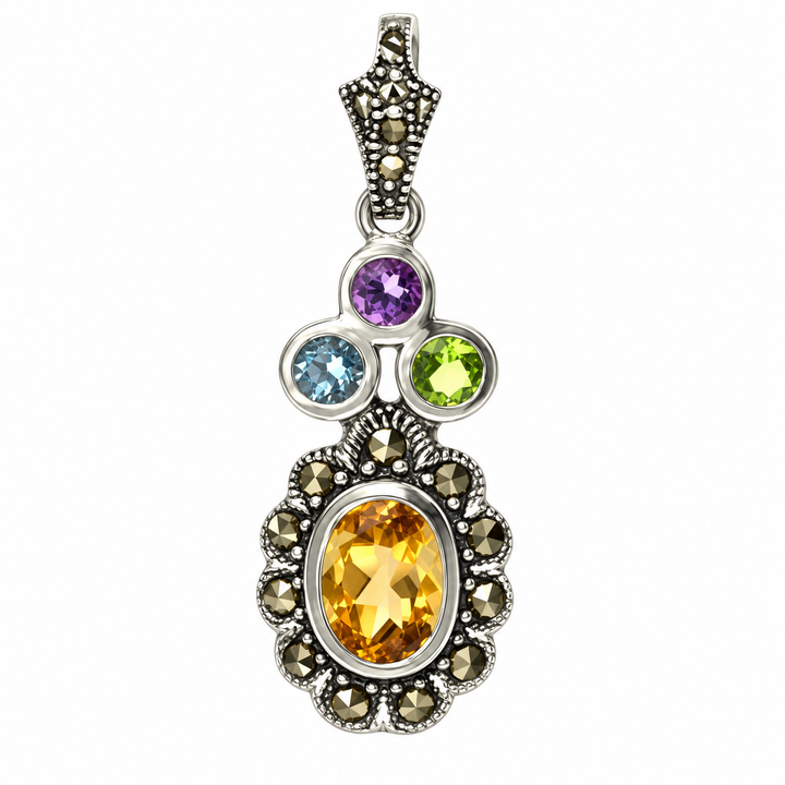 Sterling Silver Multi-Gemstone Pendant with Citrine, Amethyst, Blue Topaz, Garnet and Marcasite – 1.25 Inch