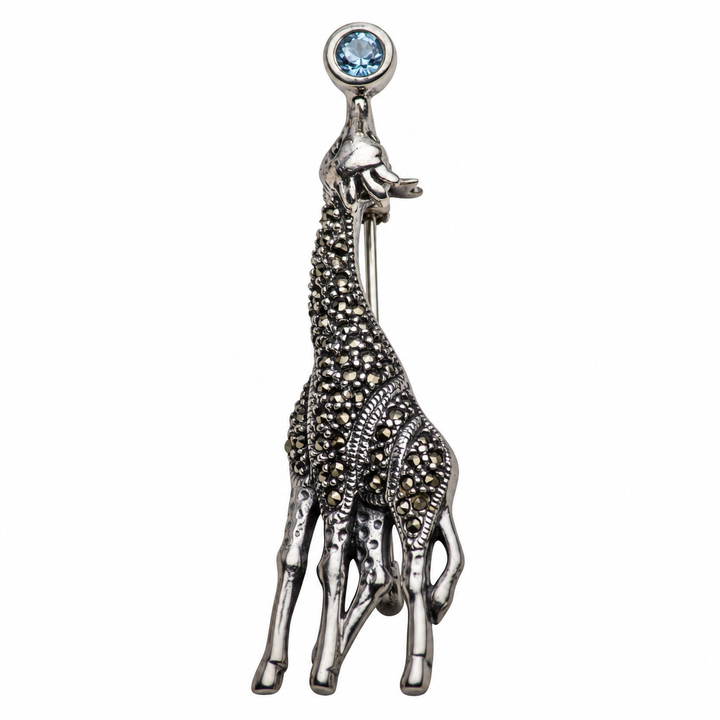 Sky Blue Topaz and Marcasite Sterling Silver Giraffe Brooch Pin – 2.2 Inch