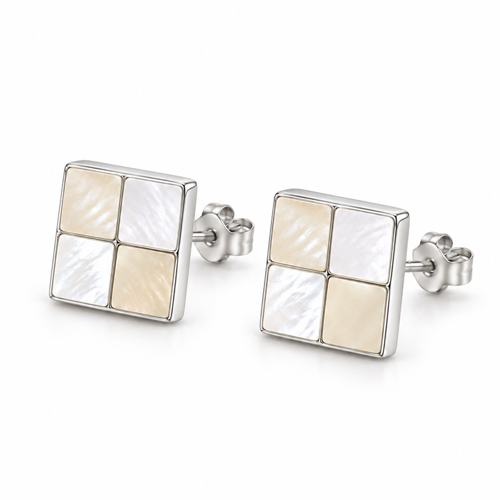 Four-Panel Square Sterling and Mother of Pearl Stud Earrings with Push Backs – 0.4 Inch