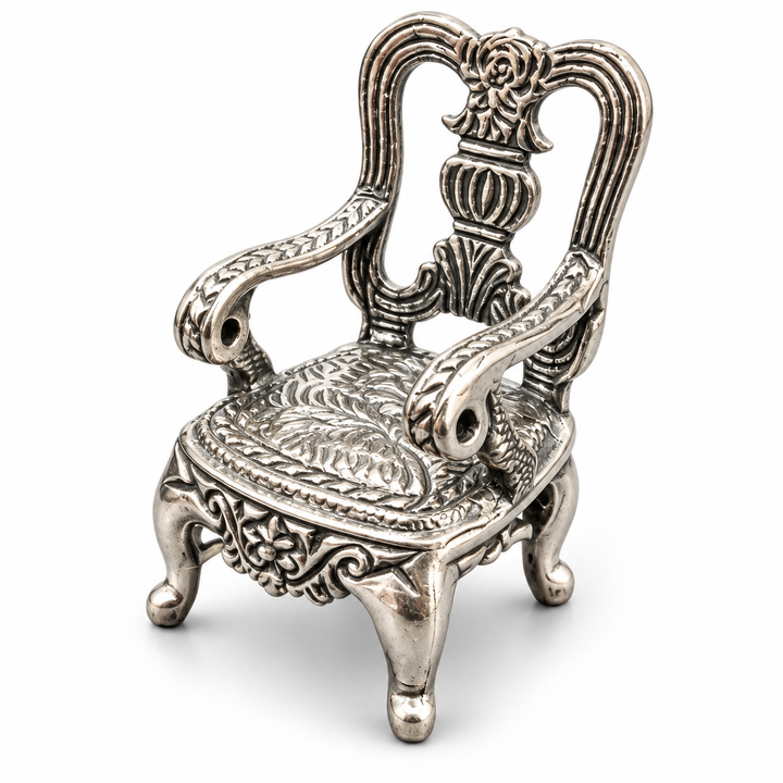 Ornate Miniature Silver Chair Figurine with Curved Arms – 1.3 Inches Tall