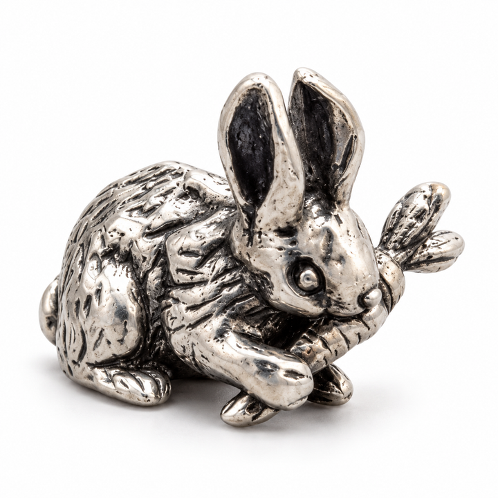 Sterling Silver Rabbit Eating Carrot Figurine – 0.8 Inch Bunny Miniature