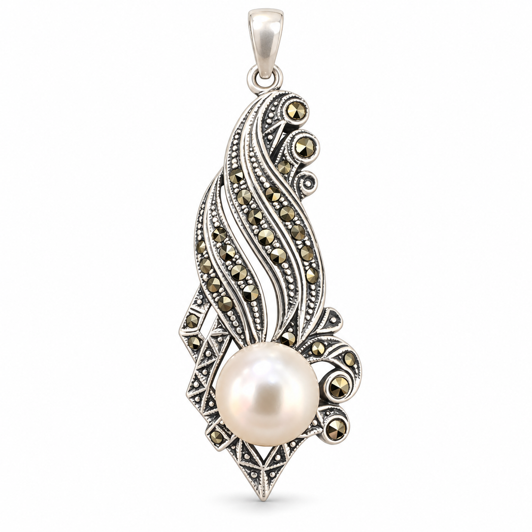 Sterling Silver Marcasite and 10mm Created Pearl Pendant – 2 Inch