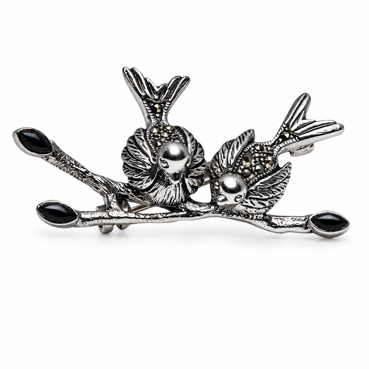 Sterling Silver Lovebirds Brooch with Marcasite and Black Onyx – 2 Inch Bird Pin