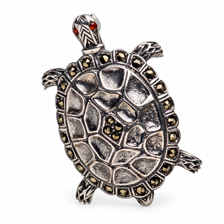 Sterling Silver Turtle Brooch with Marcasite and Red Stone Eyes – 1.5 Inch Pin