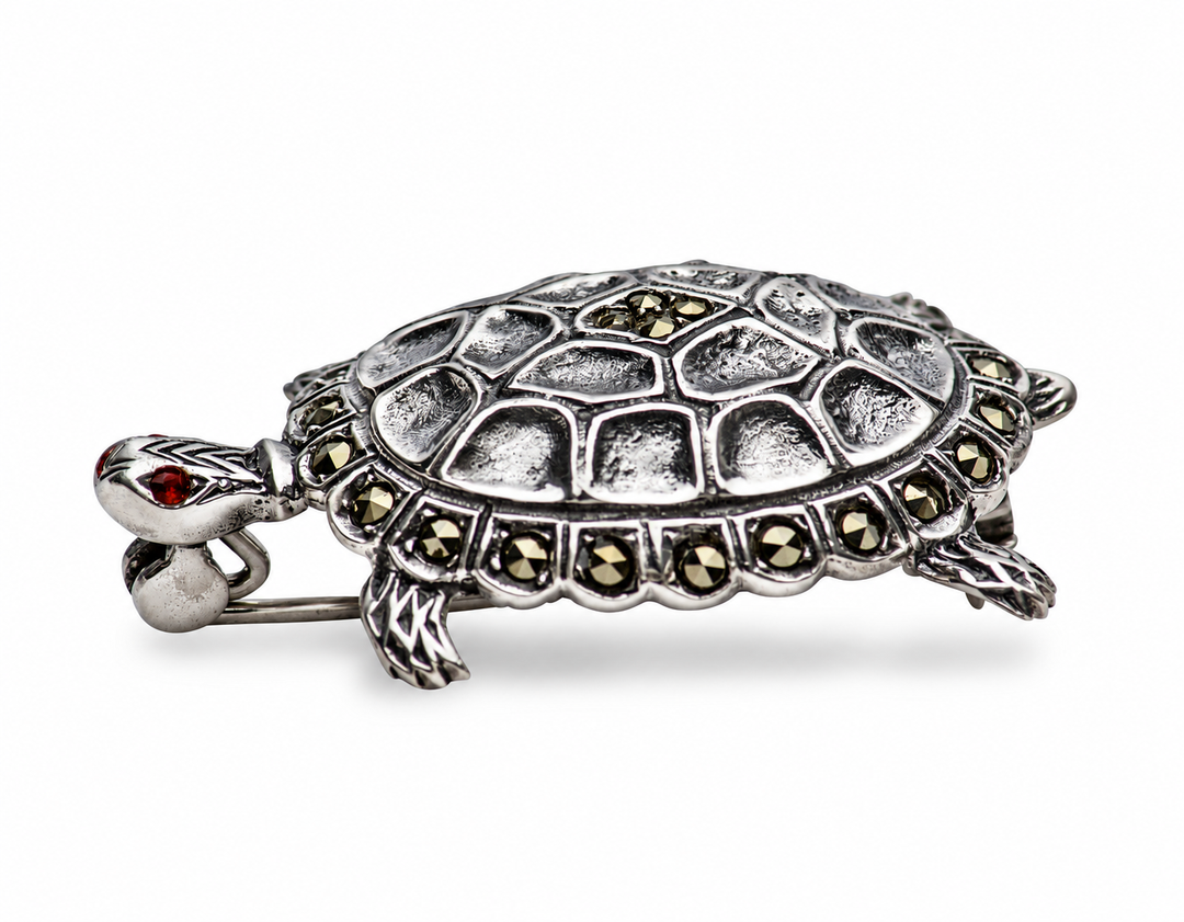 Sterling Silver Turtle Brooch with Marcasite and Red Stone Eyes – 1.5 Inch Pin