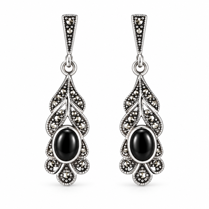 Hand-Cut Black Onyx and Marcasite Sterling Silver Dangle Earrings – 1.25 Inch
