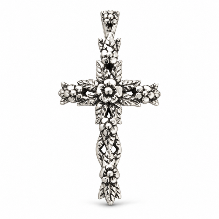 Sterling Silver Floral Cross Pendant with Hidden Bail – 1.4 Inch