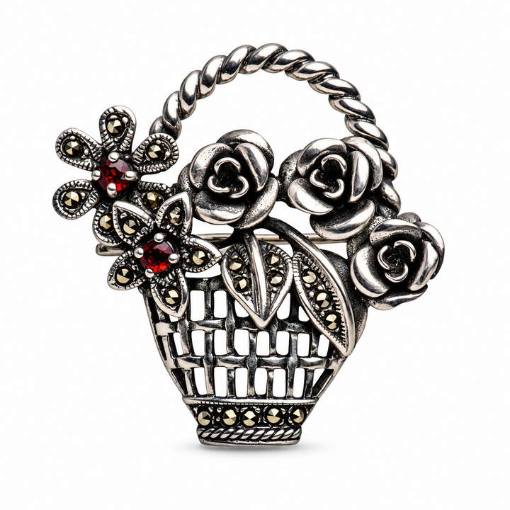 Sterling Silver Flower Basket Brooch with Garnets and Marcasites – 1.3 Inch