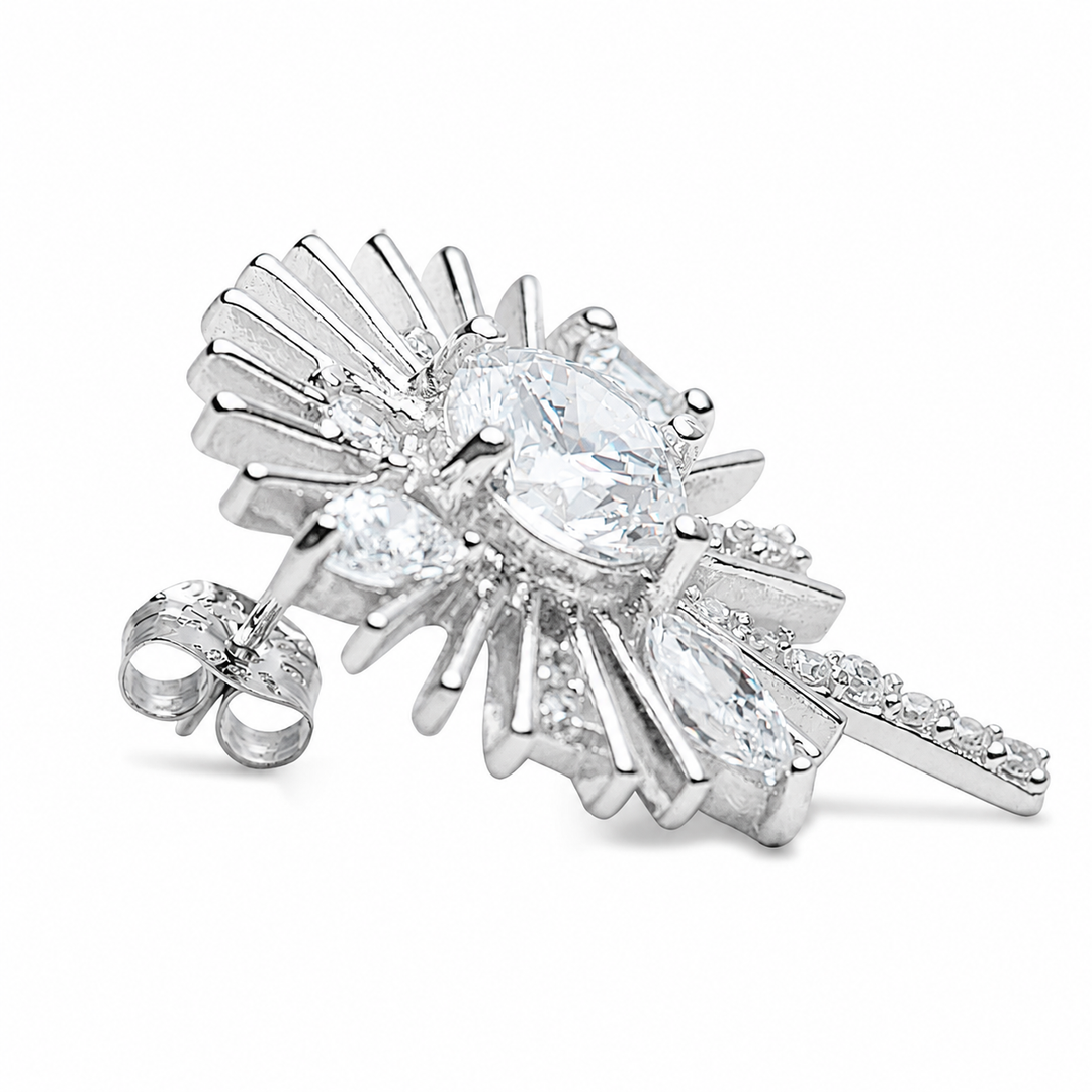 Rhodium-Plated Sterling Silver Daisy Flower Earrings with Round and Petite Diamond Simulants – 1 Inch