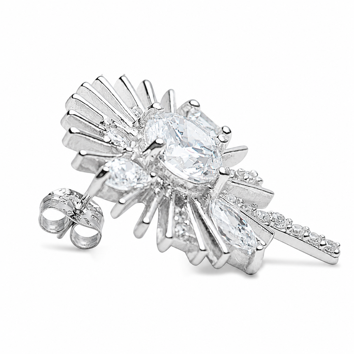 Rhodium-Plated Sterling Silver Daisy Flower Earrings with Round and Petite Diamond Simulants – 1 Inch