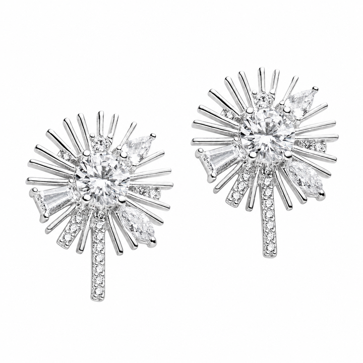 Rhodium-Plated Sterling Silver Daisy Flower Earrings with Round and Petite Diamond Simulants – 1 Inch