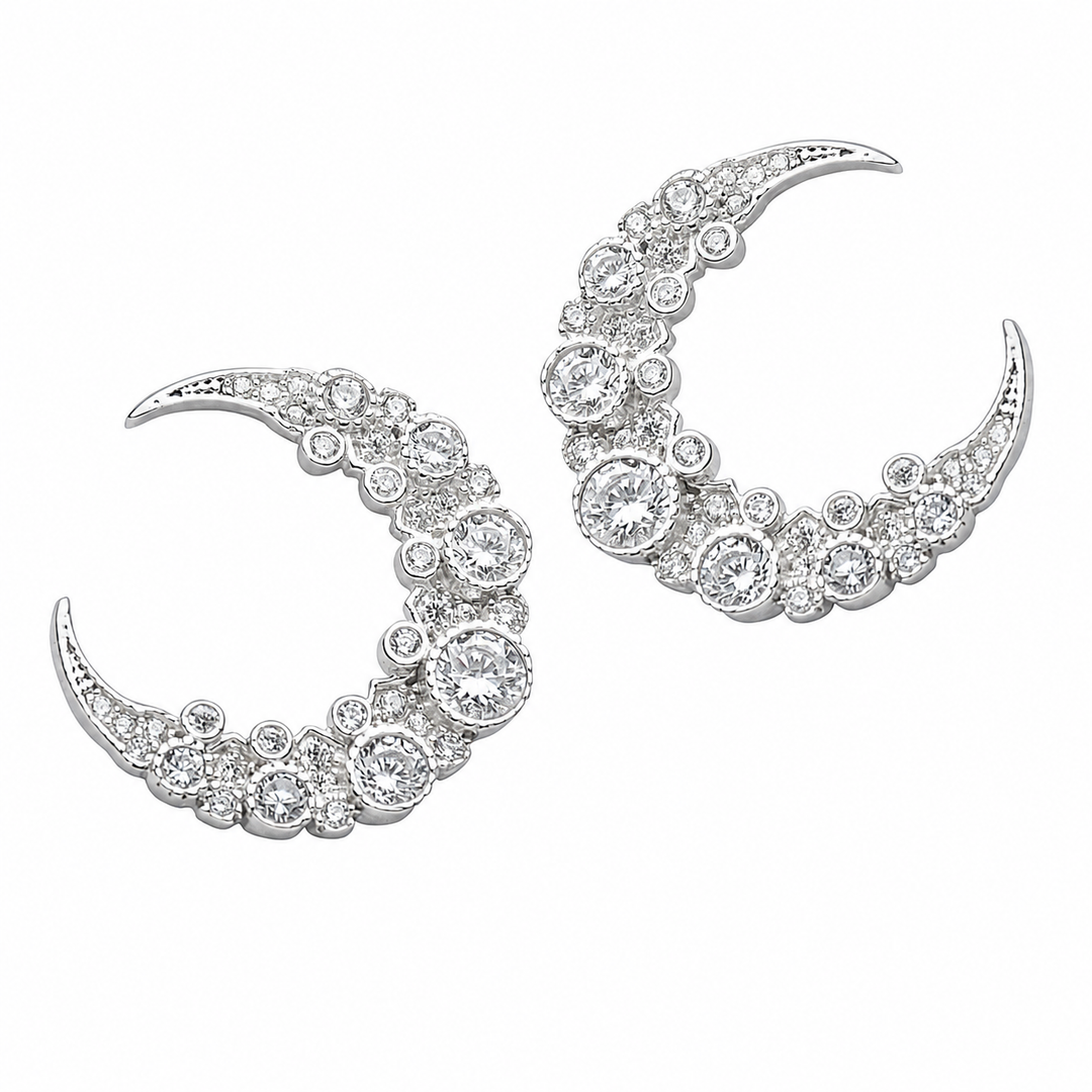 Crescent Moon Cubic Zirconia Stud Earrings in Rhodium-Plated 925 Sterling Silver – 76 Stones, 0.75 Inch