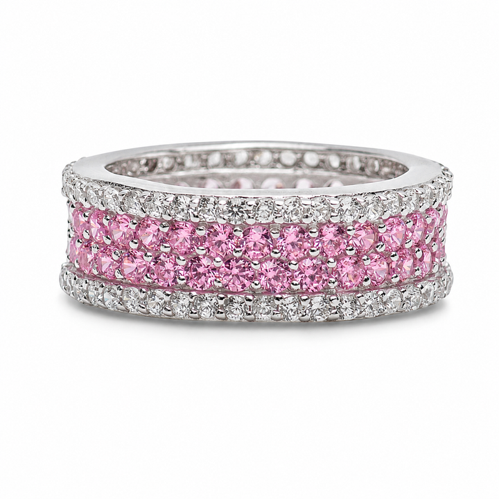 Pink and Clear Cubic Zirconia Eternity Ring in Rhodium-Plated 925 Sterling Silver – 0.31-Inch Wide High-Polish Multistone Band