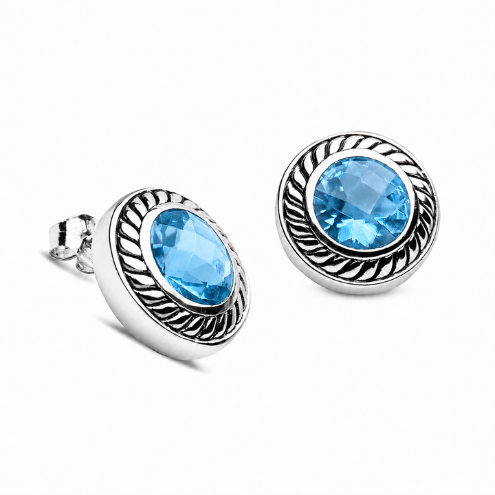 8mm Round Created Sky Blue Topaz Stud Earrings in Rhodium-Plated Sterling Silver – Twisted Rope Design, Approximately 4.0 CTW