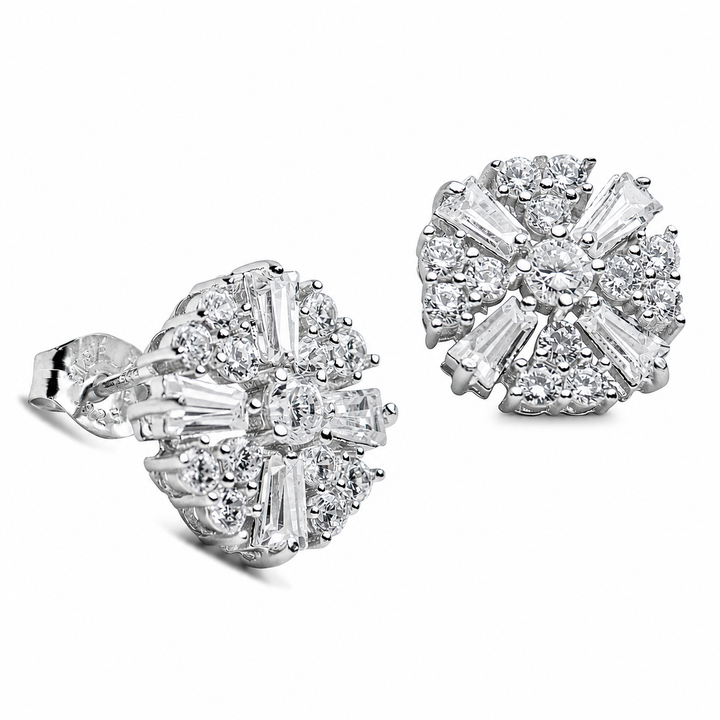 Baguette and Round Diamond Simulant Cluster Stud Earrings in Rhodium-Plated Sterling Silver – Approximately 0.50 CTW