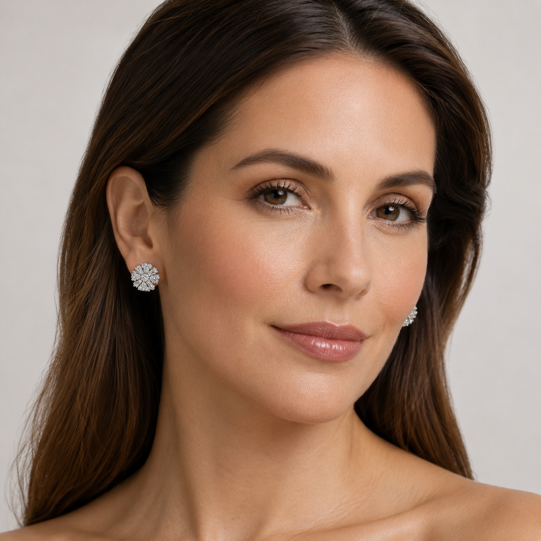 Baguette and Round Diamond Simulant Cluster Stud Earrings in Rhodium-Plated Sterling Silver – Approximately 0.50 CTW