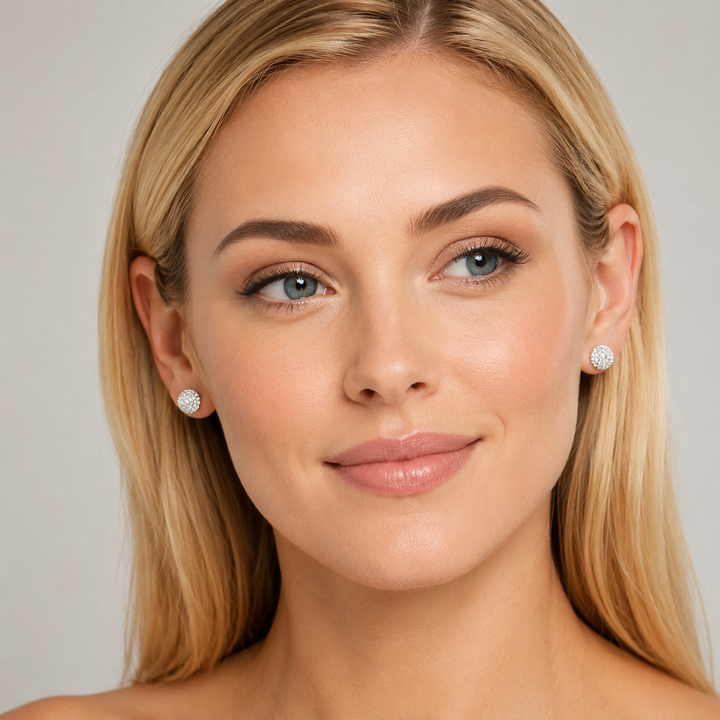 9.5mm Pavé Diamond Simulant Dome Stud Earrings in Rhodium-Plated Sterling Silver – Sparkling Round Cluster Earrings
