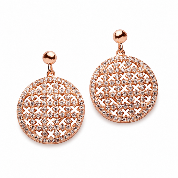 14K Rose Gold Over Sterling Silver Crisscross Circle Dangle Earrings with Clear Diamond Simulants – 1-Inch Round Drop Earrings