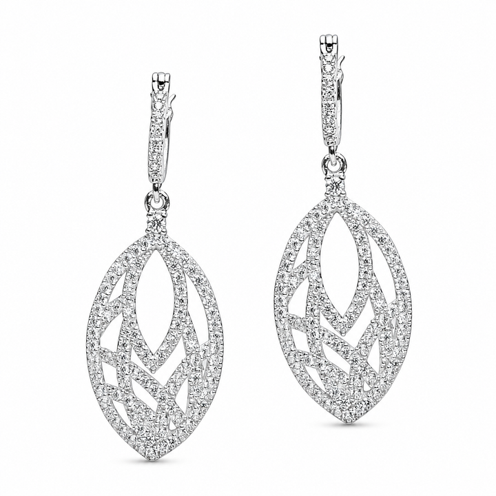 1.5 Inch Pavé Diamond Simulant Teardrop Dangle Earrings in Rhodium-Plated Sterling Silver with Hinged Back Closures