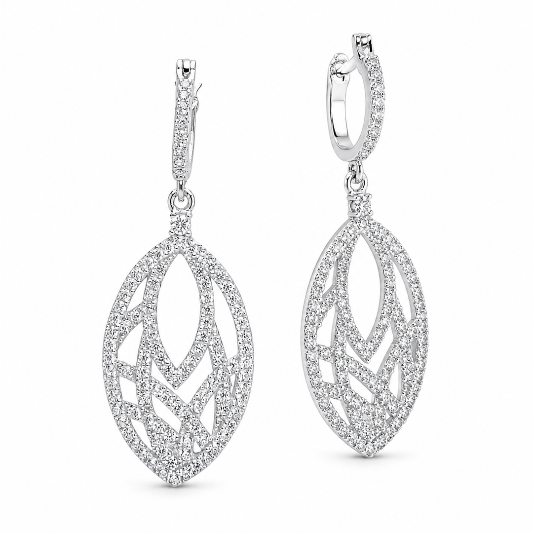 1.5 Inch Pavé Diamond Simulant Teardrop Dangle Earrings in Rhodium-Plated Sterling Silver with Hinged Back Closures