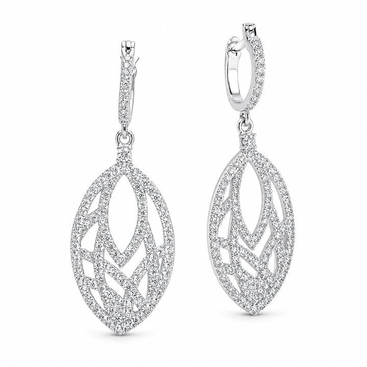 1.5 Inch Pavé Diamond Simulant Teardrop Dangle Earrings in Rhodium-Plated Sterling Silver with Hinged Back Closures
