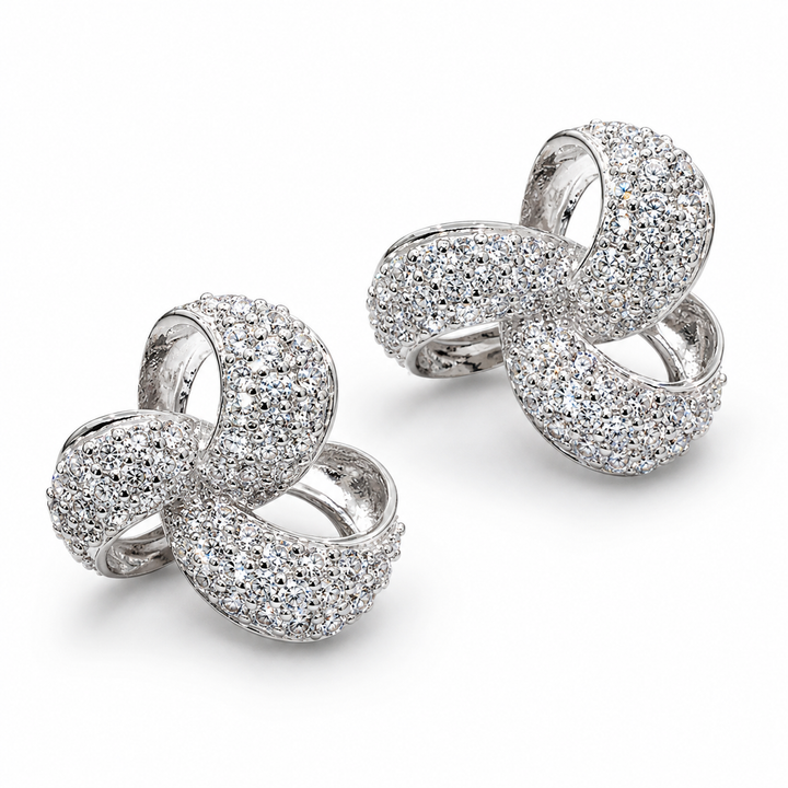 0.85 Inch Pavé Diamond Simulant Three-Loop Knot Stud Earrings in Rhodium-Plated Sterling Silver