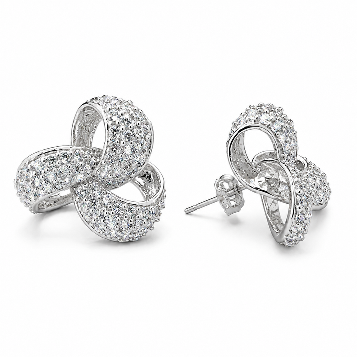 0.85 Inch Pavé Diamond Simulant Three-Loop Knot Stud Earrings in Rhodium-Plated Sterling Silver
