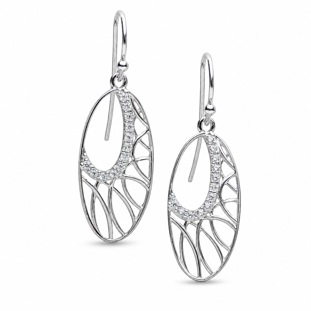 1.5 Inch Openwork Oval Diamond Simulant Dangle Earrings in Rhodium-Plated Sterling Silver