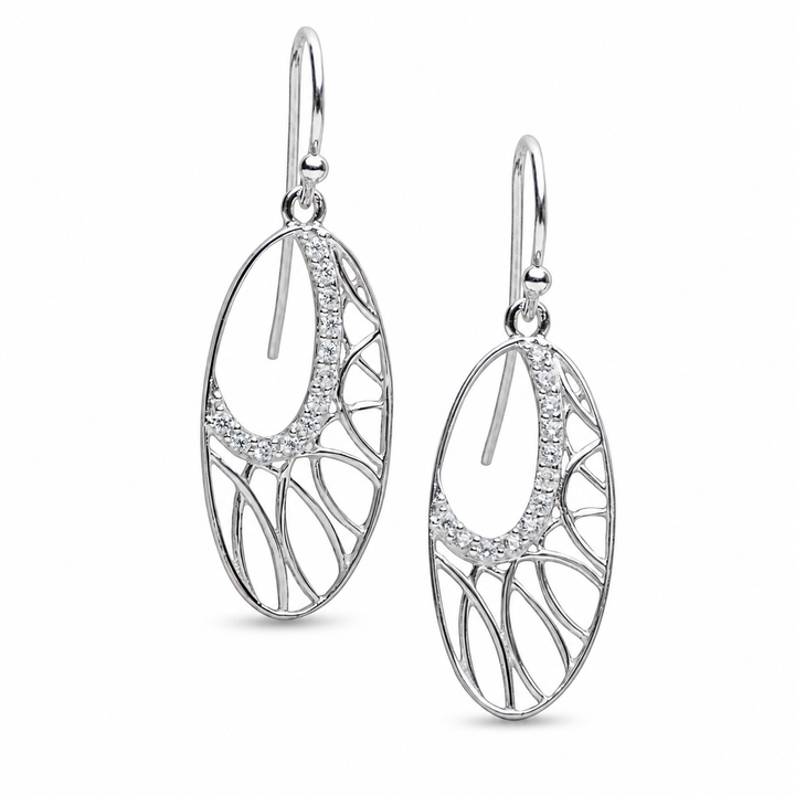 1.5 Inch Openwork Oval Diamond Simulant Dangle Earrings in Rhodium-Plated Sterling Silver