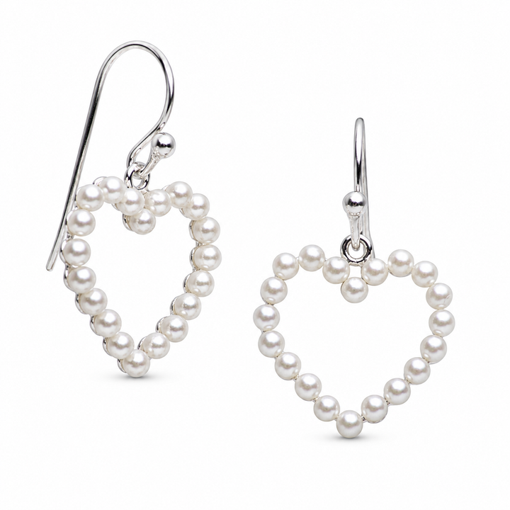 1 Inch White Created Pearl Heart Dangle Earrings in Rhodium-Plated Sterling Silver