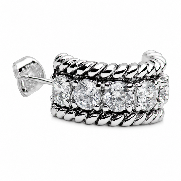 0.71 Inch Diamond Simulant Crescent Hoop Earrings in Rhodium-Plated Sterling Silver