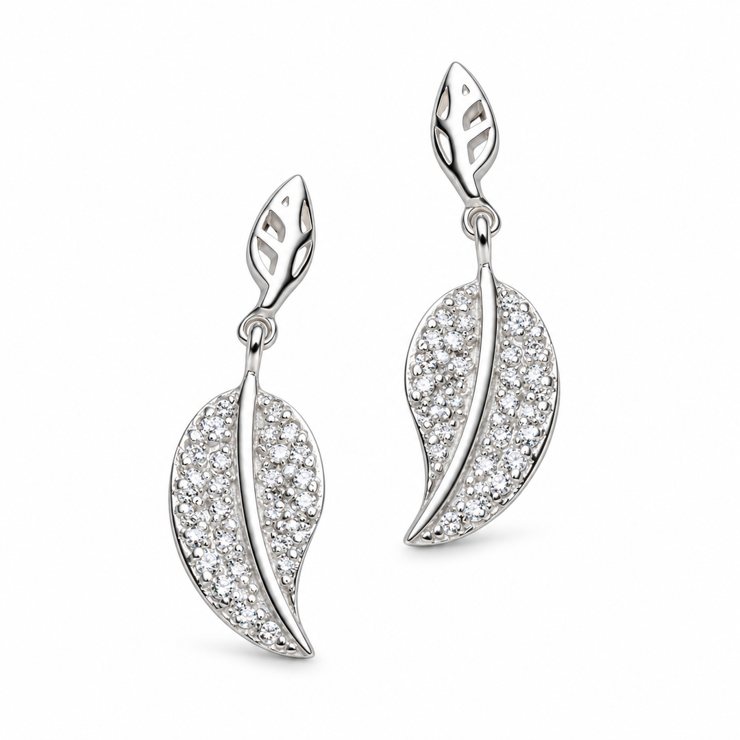 Sterling Silver Diamond Simulant Falling Leaf Dangle Stud Earrings
