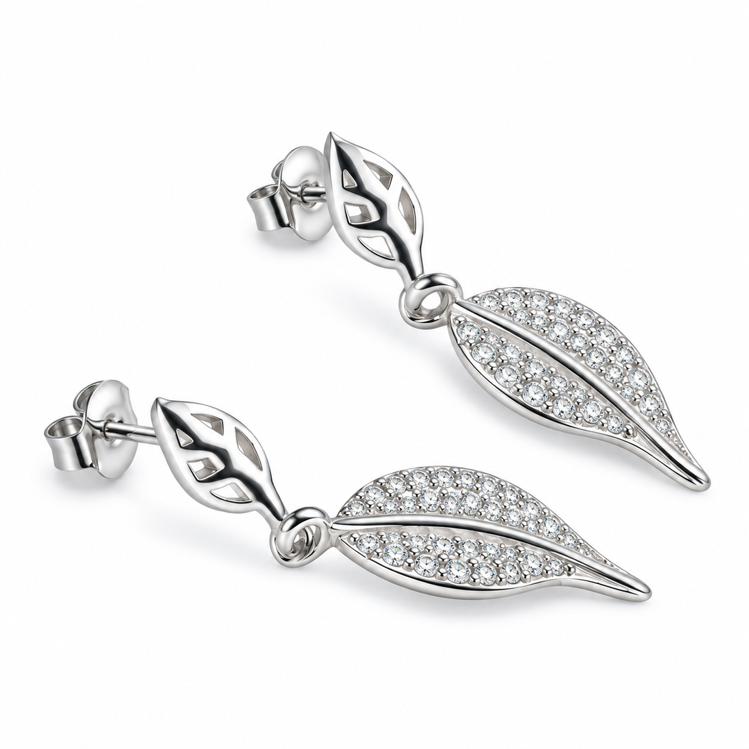 Sterling Silver Diamond Simulant Falling Leaf Dangle Stud Earrings