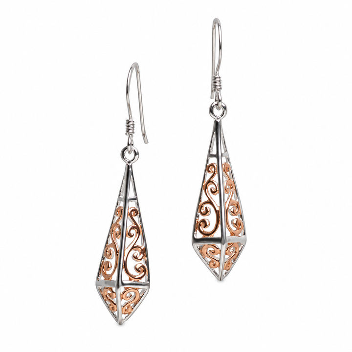 Two-Tone Sterling Silver and 14K Rose Gold Filigree Drop Earrings