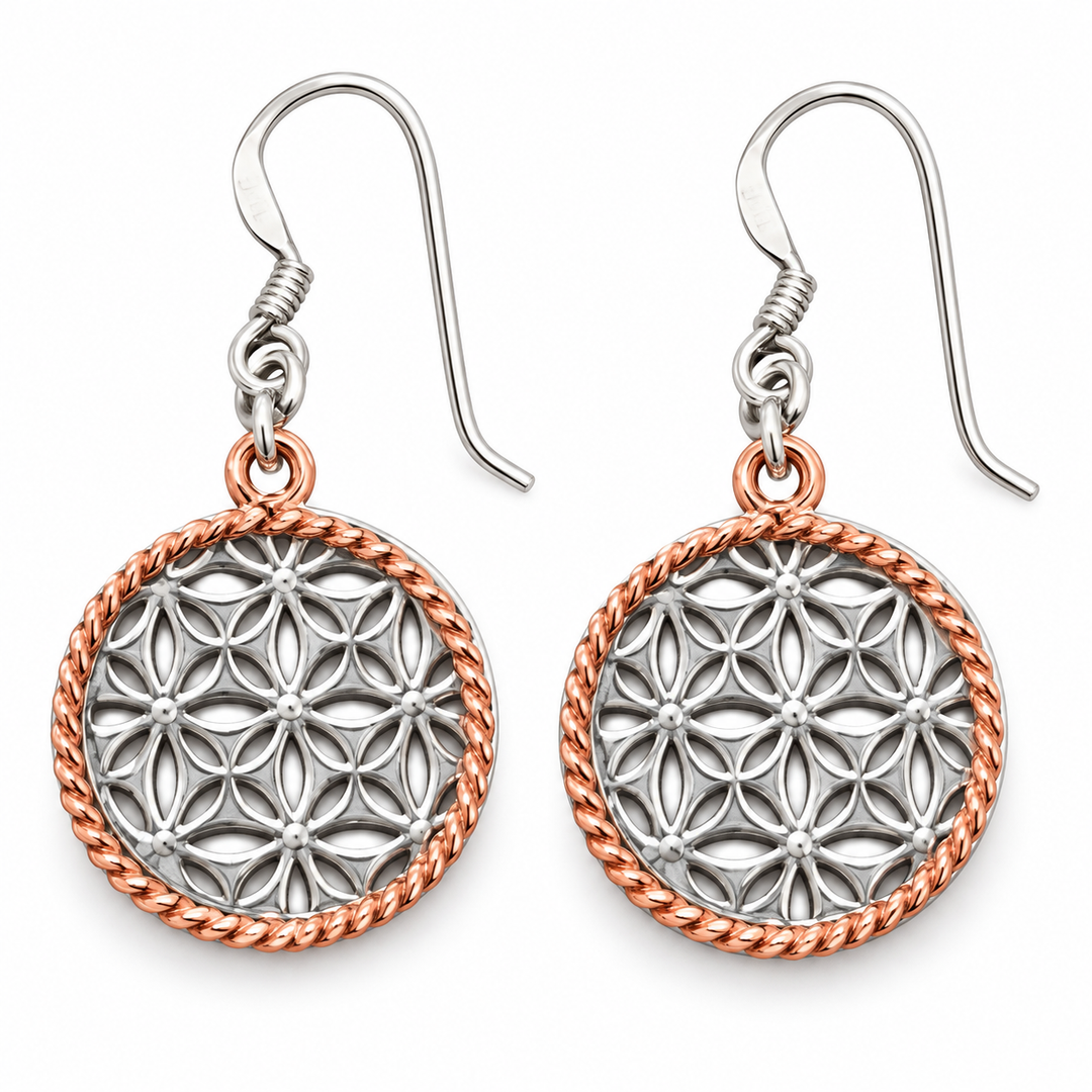 Two-Tone Sterling Silver Floral Dangle Earrings with Rose Gold Twisted Circles