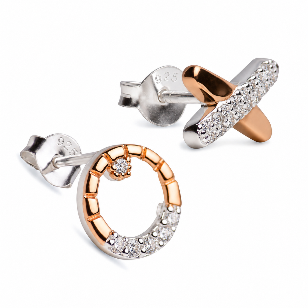 X and O Hugs and Kisses Stud Earrings in Sterling Silver and 14K Rose Gold