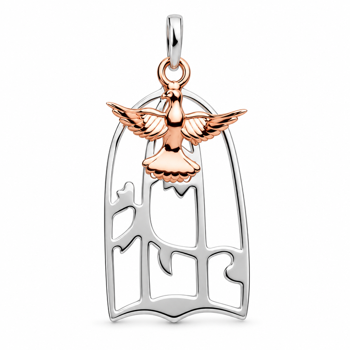 1.15 Inch Two-Tone Rose Gold Bird and Sterling Silver Birdcage Pendant