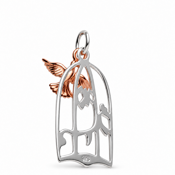 1.15 Inch Two-Tone Rose Gold Bird and Sterling Silver Birdcage Pendant