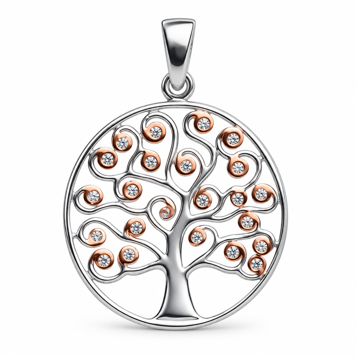 1.35 Inch Rose Gold & Sterling Silver Tree of Life Diamond Simulant Pendant