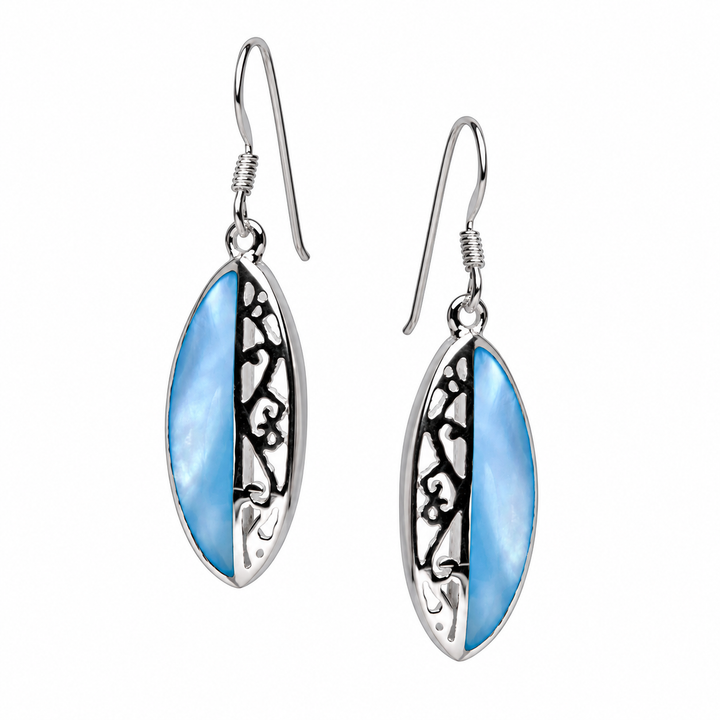 1.5 Inch Blue Mother of Pearl Dangle Earrings in Sterling Silver